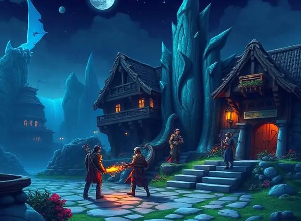 Moonlit cozy game village with warm paths