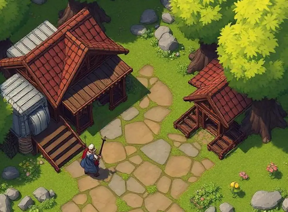 Top-down green game village path surrounded by trees