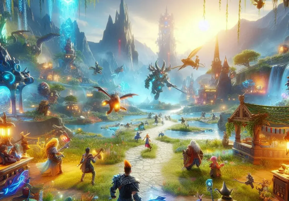 Atmospheric fantasy game world with glowing nature and travelers