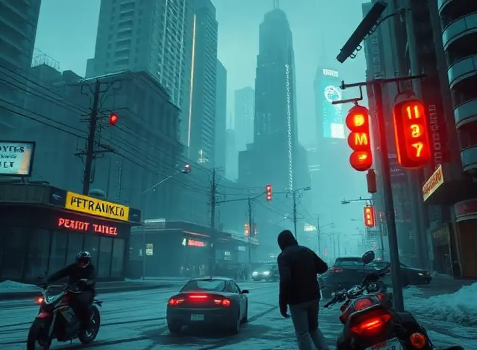 Neon game city under rain