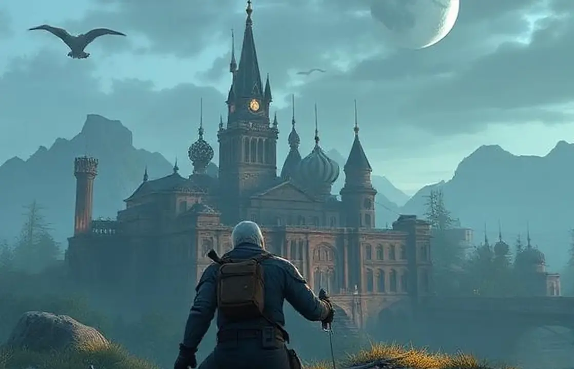 Dark fantasy castle above a living landscape